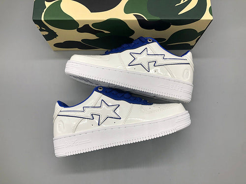 A BATHING APE Bape white & navy patent leather sneakers